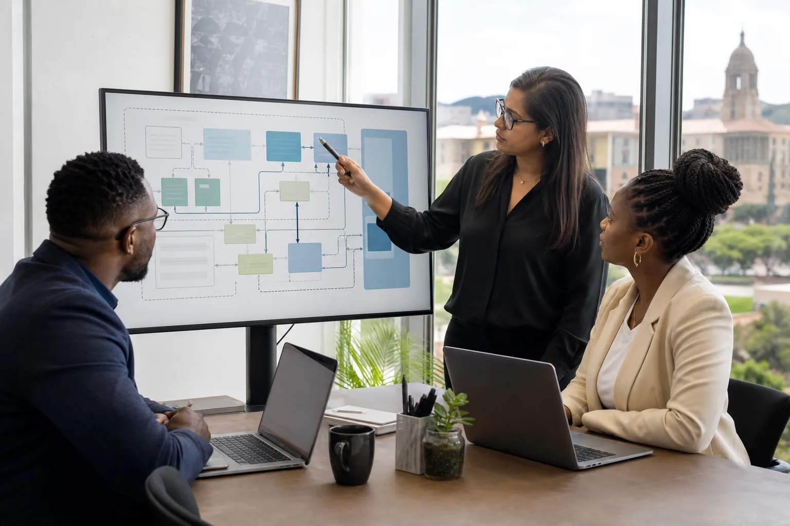 South African technology consulting team reviewing a digital transformation roadmap on a widescreen monitor