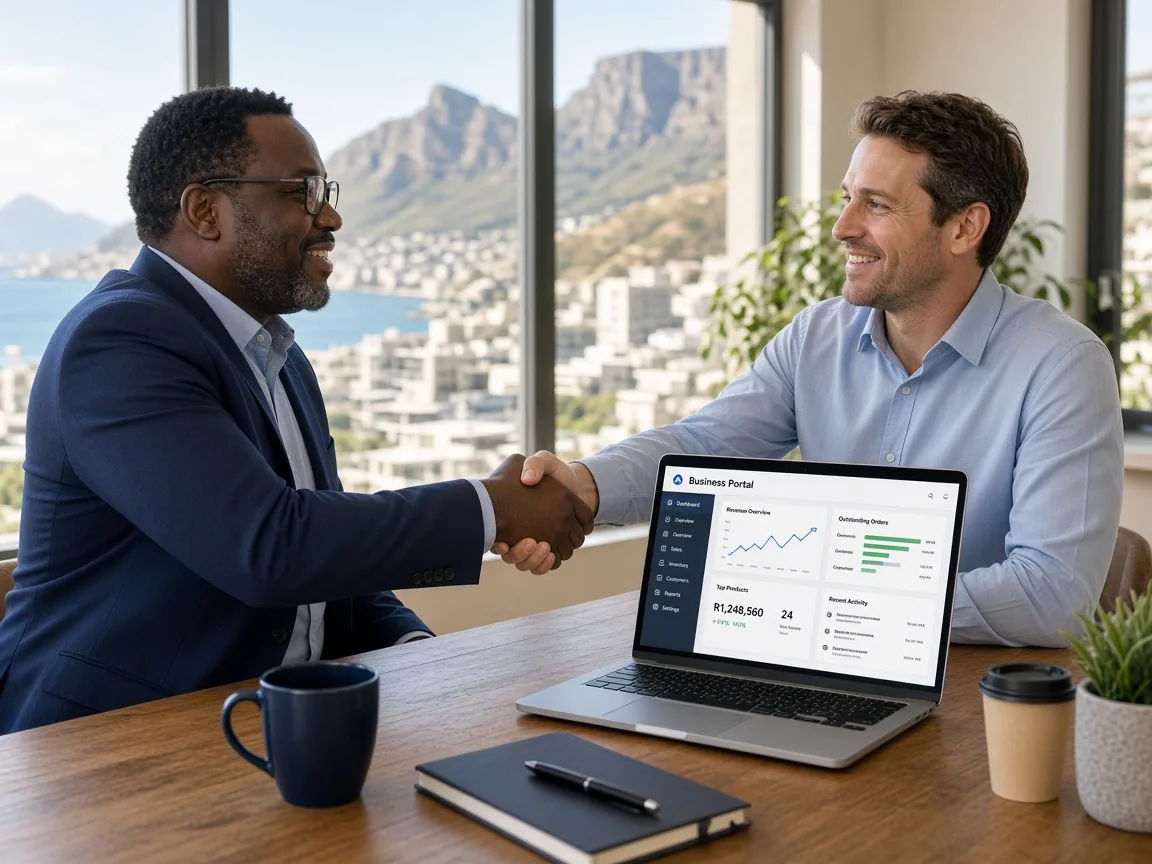 South African business owner shaking hands with a Laravel consultant over a laptop showing a custom business portal