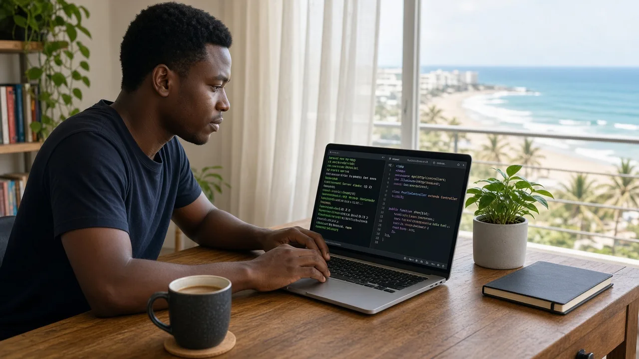 Young South African developer setting up a first Laravel project on a laptop in a bright Durban home office