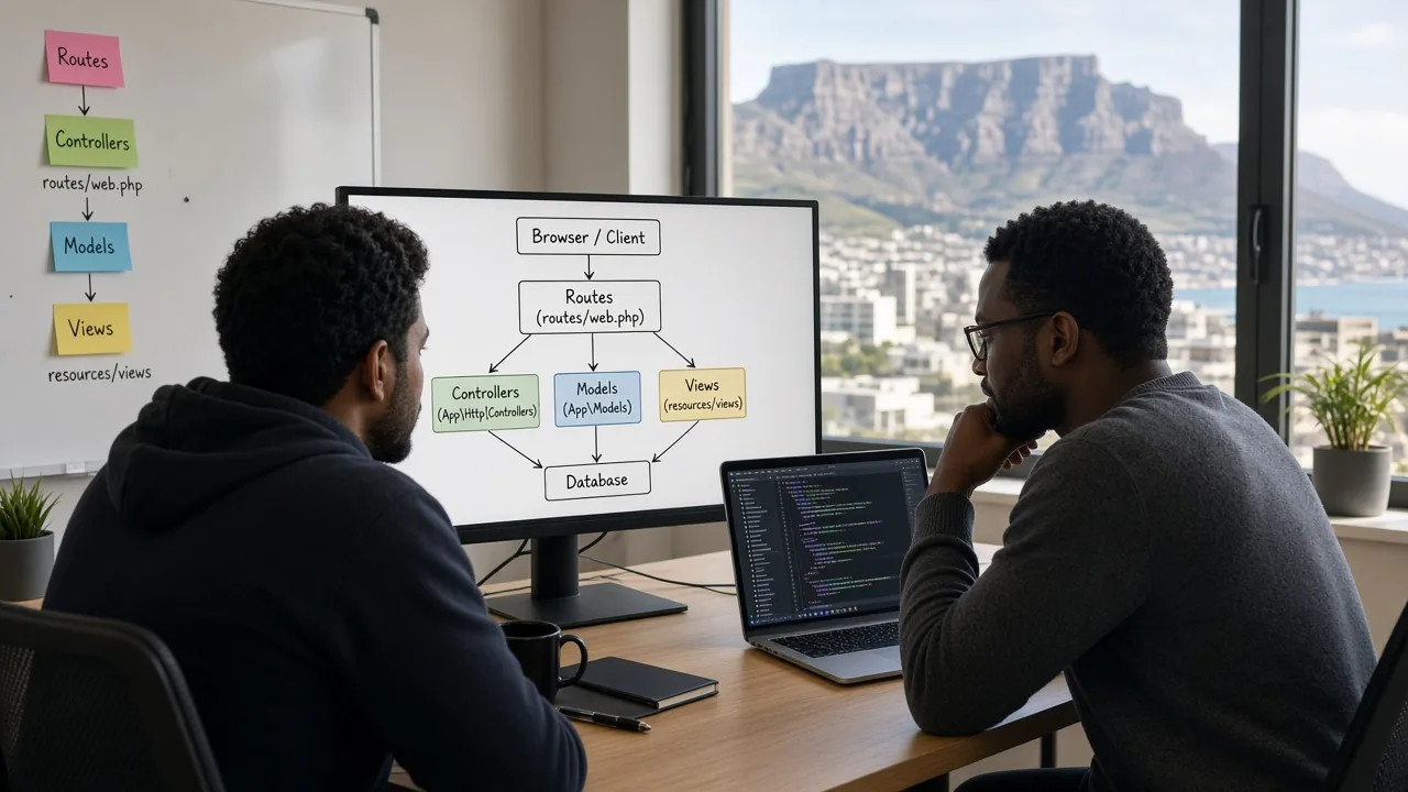 Cape Town developers reviewing Laravel MVC routes, controllers, models, and views on dual monitors in a bright office