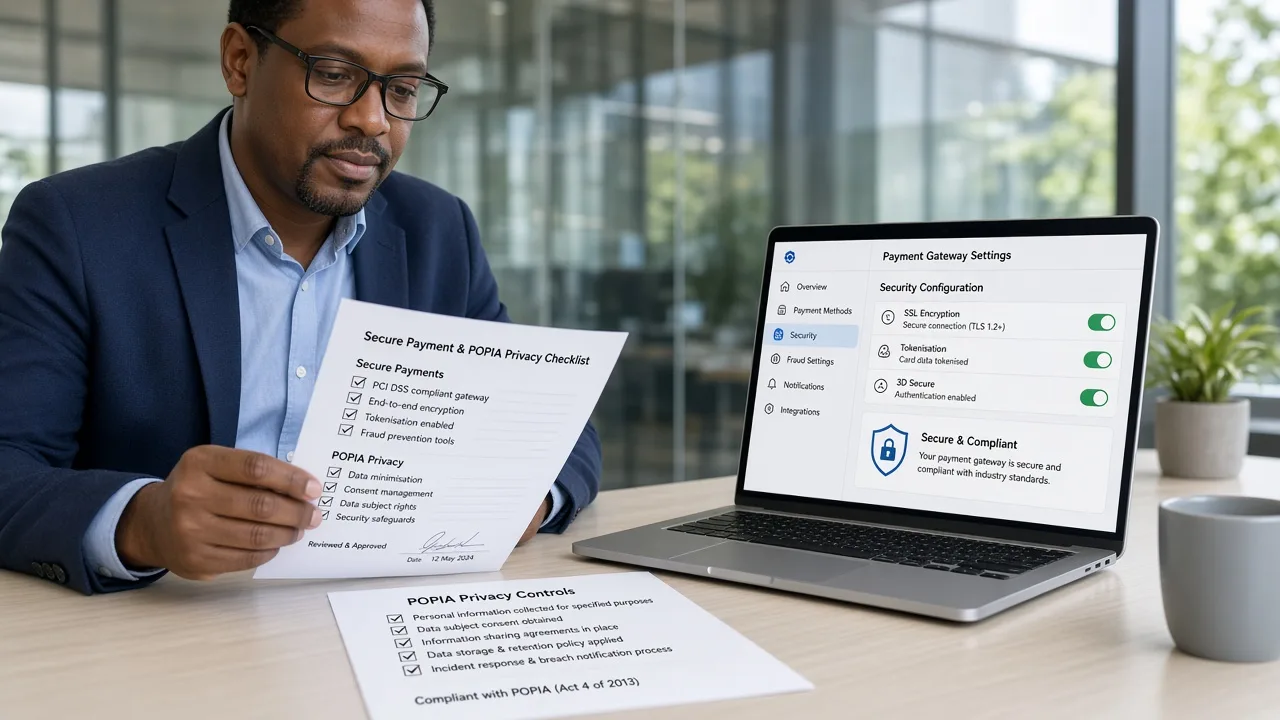 Pretoria product owner reviewing a POPIA privacy checklist beside a laptop showing secure payment gateway settings