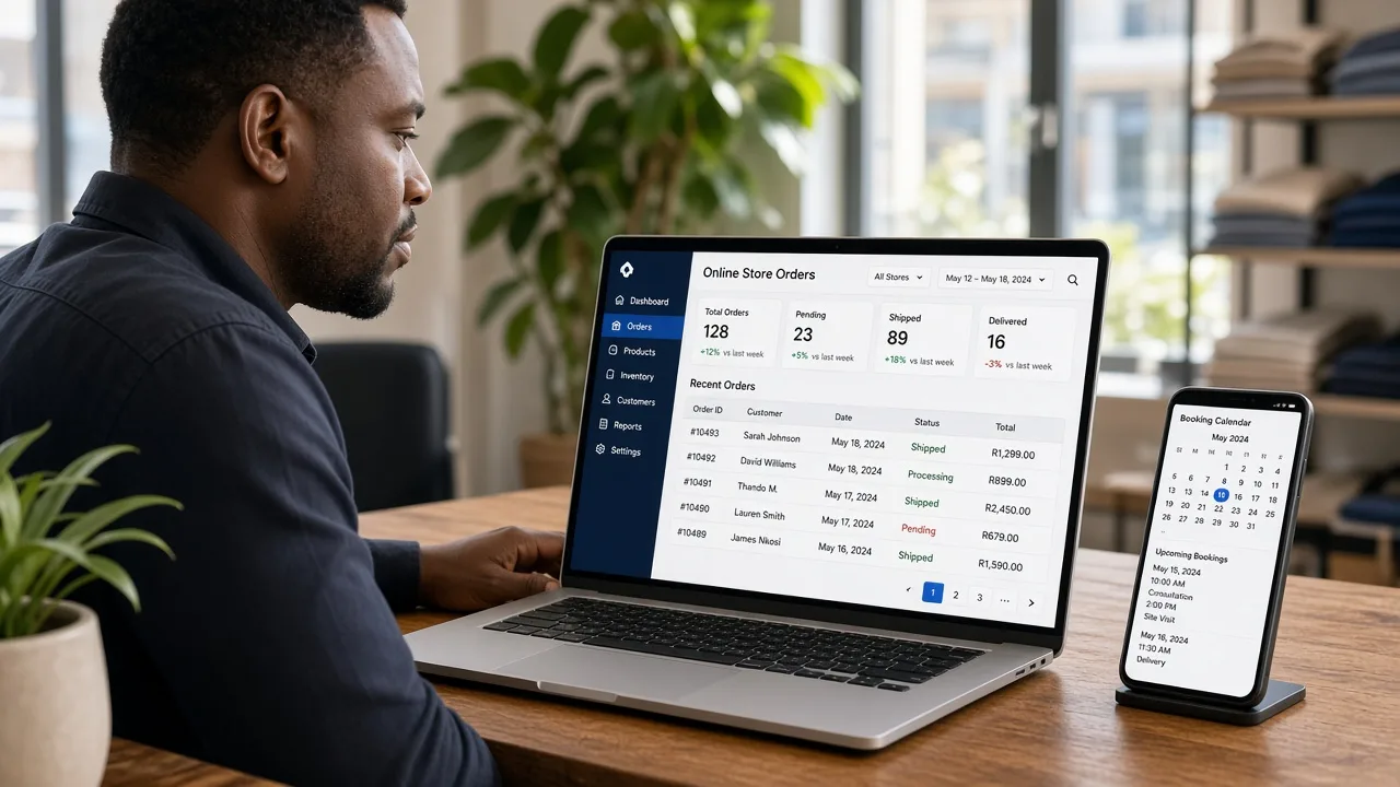 South African ecommerce manager reviewing an online store order dashboard and booking calendar on laptop and phone in a sunny Sandton office