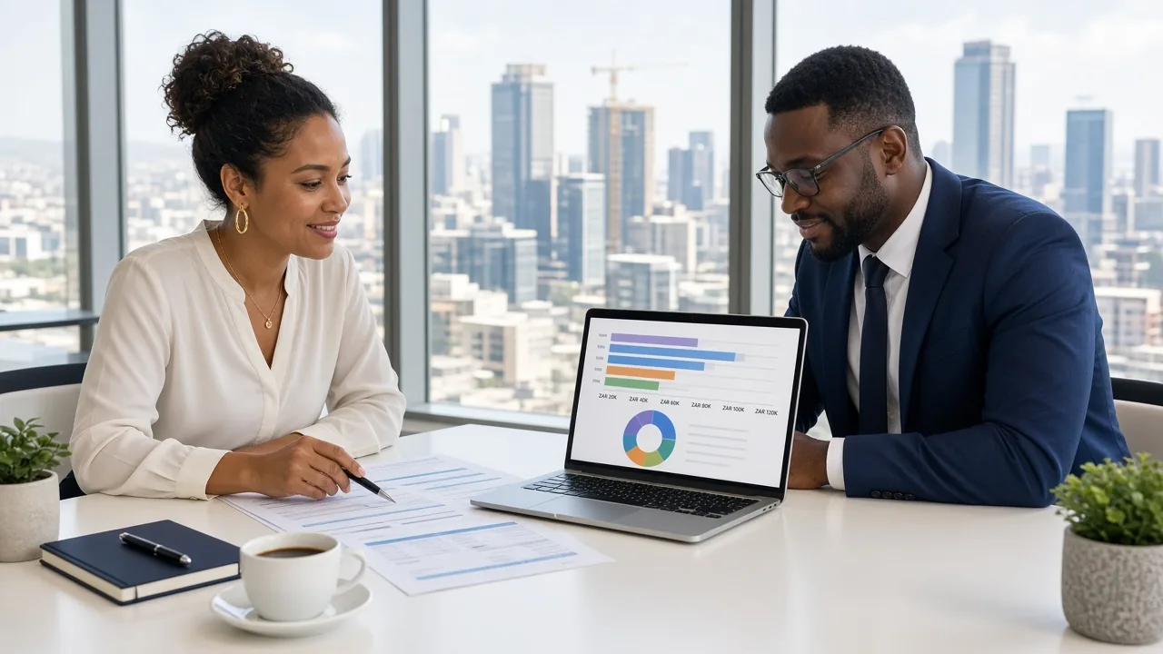 Founder and consultant reviewing a logistics app development budget in South African Rand