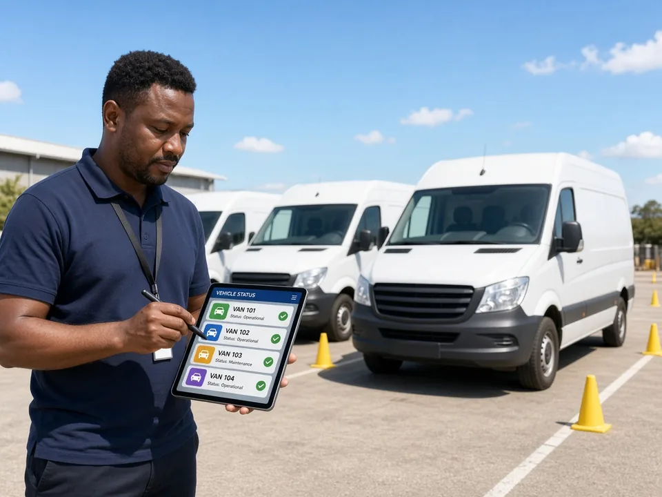 Fleet manager reviewing vehicle status on a tablet in a bright Pretoria delivery yard