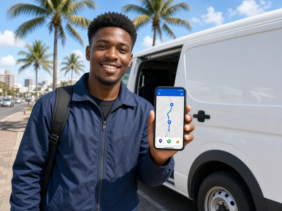 Courier driver checking live GPS tracking on a smartphone beside a delivery van on a sunny Durban street