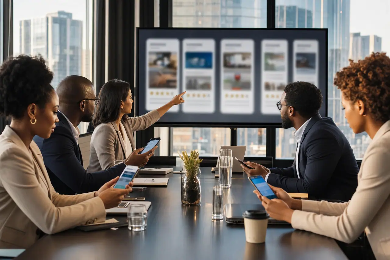Johannesburg business team reviewing mobile app security and development options
