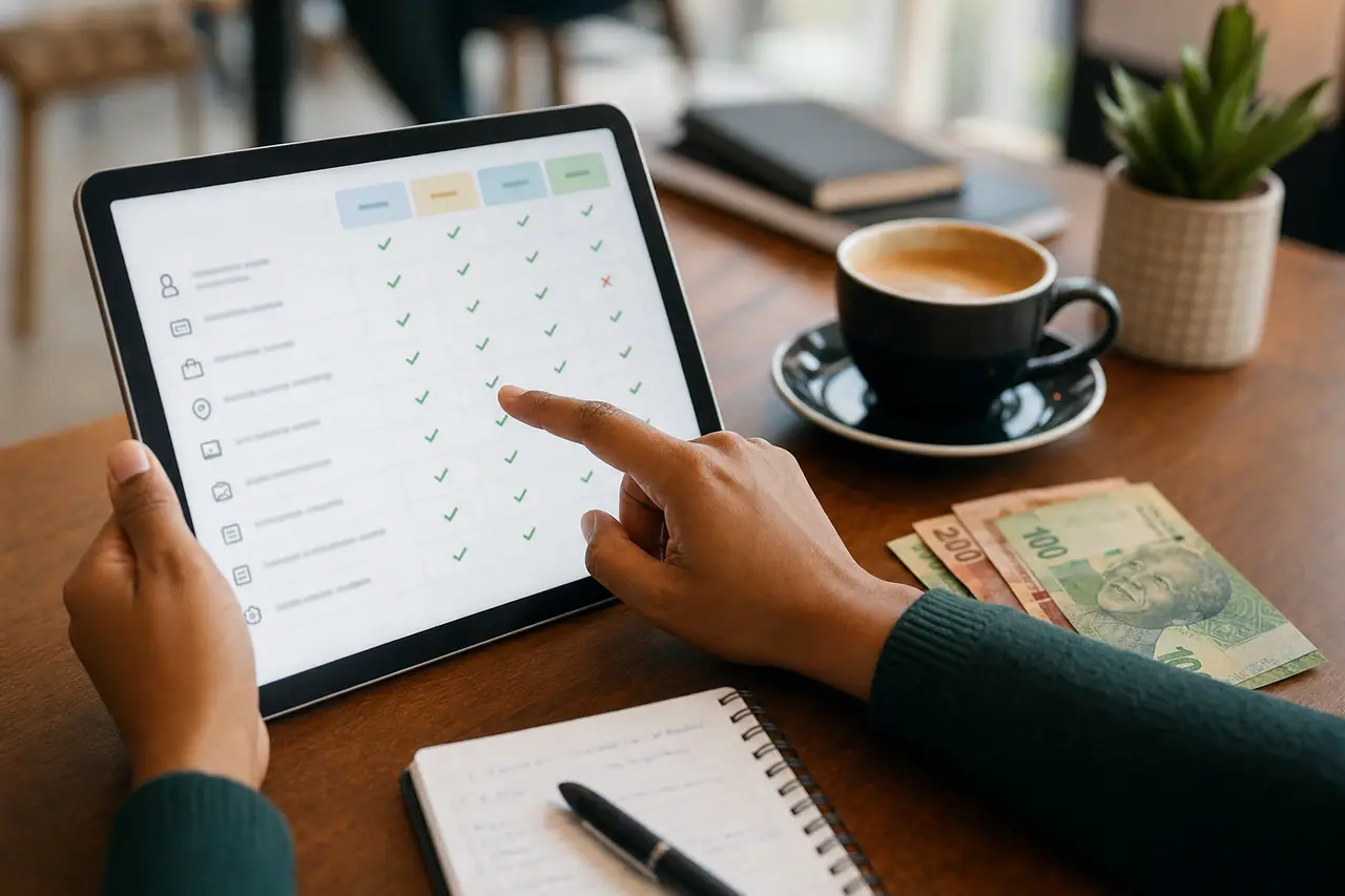 Hands reviewing a mobile app budget checklist with South African Rand notes on a desk