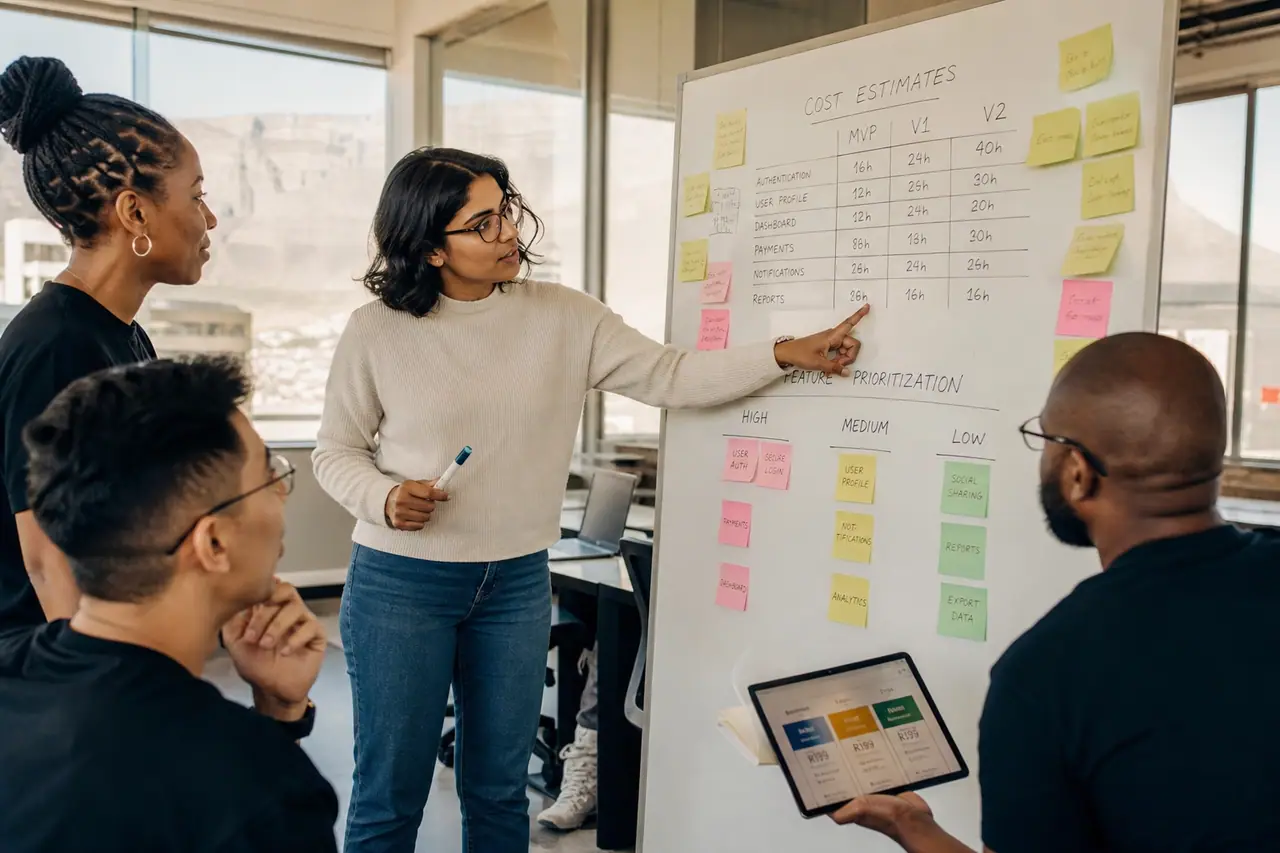 South African product team reviewing feature prioritisation and budget notes on a whiteboard