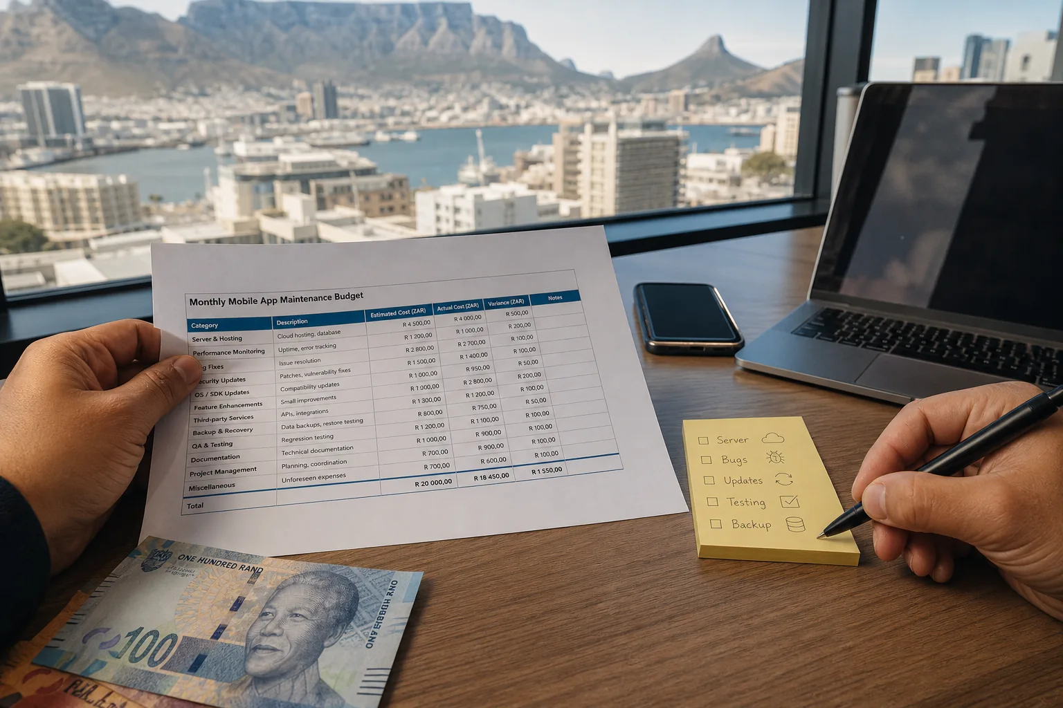 Hands reviewing a monthly mobile app maintenance budget spreadsheet beside a smartphone and South African Rand notes