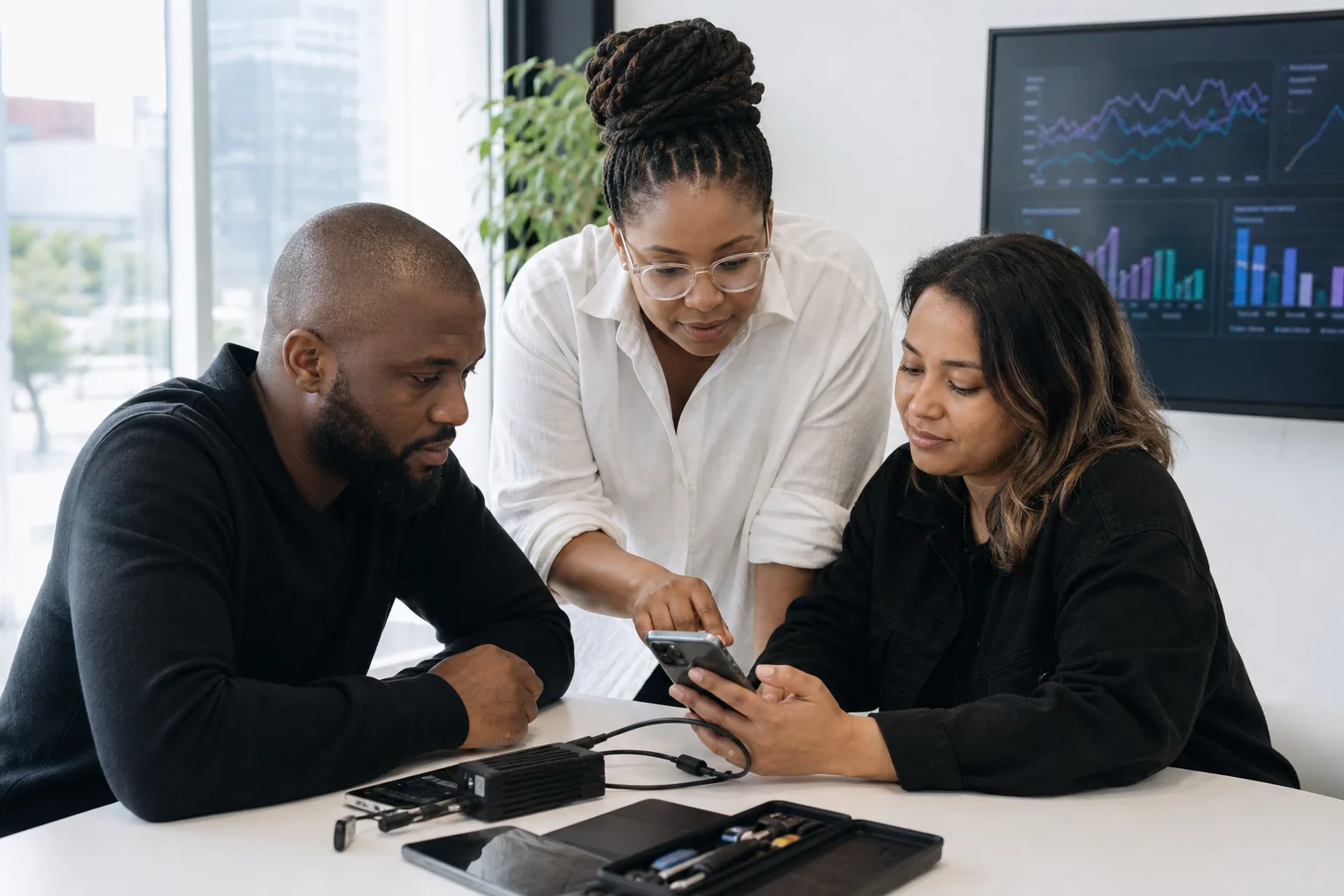 South African mobile support team reviewing app performance metrics and debugging a smartphone