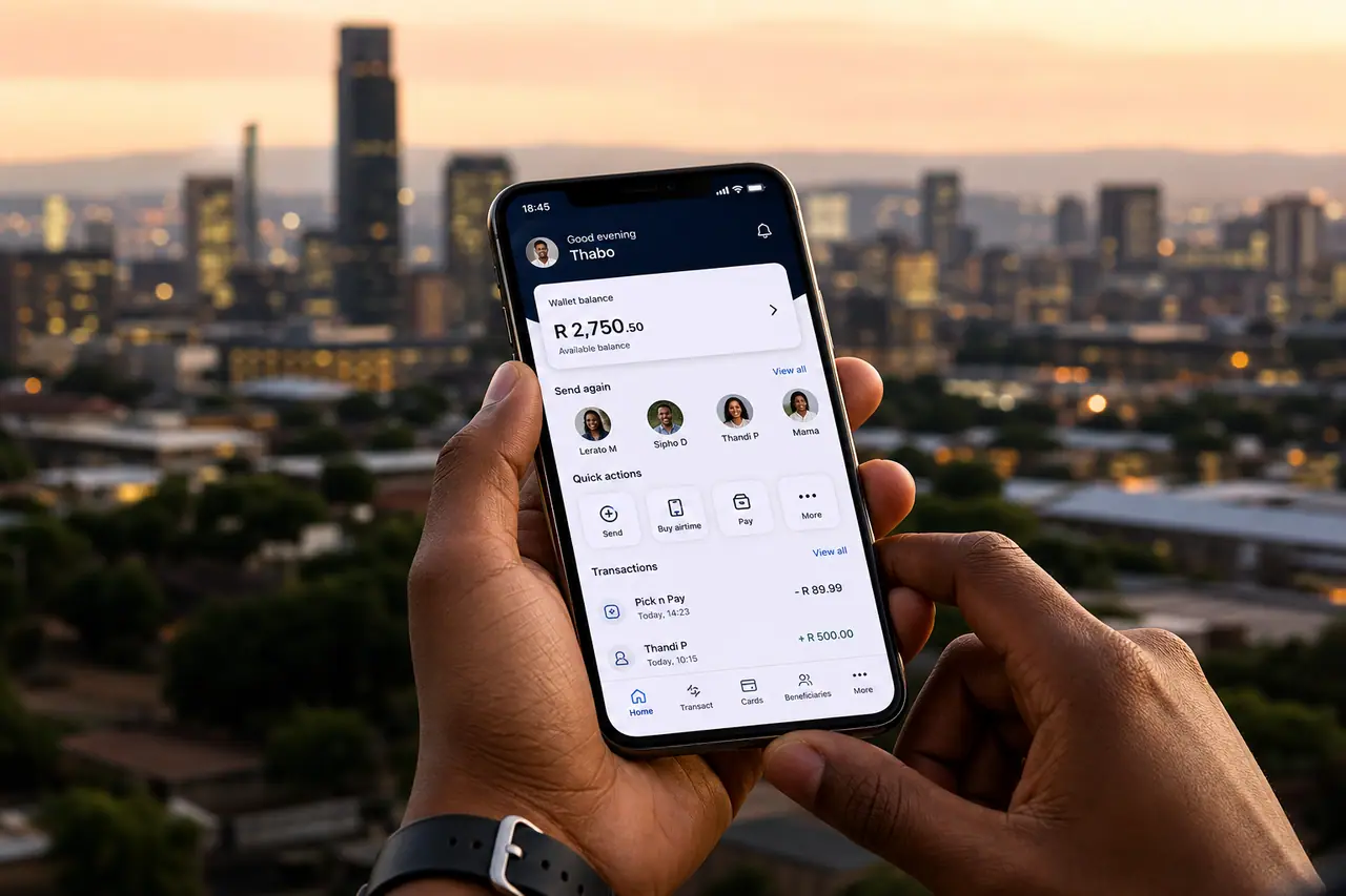 Smartphone showing a digital wallet app with a South African city skyline at dusk
