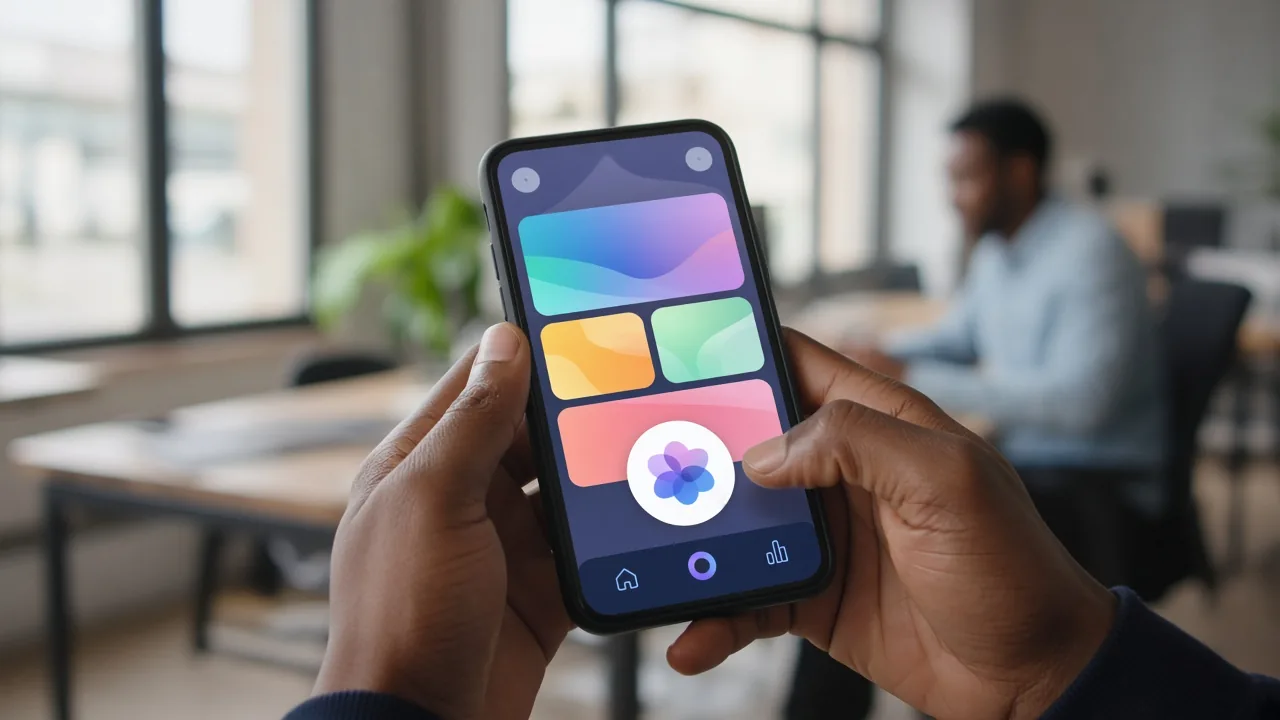 Close view of a colourful mobile banking app on a smartphone in a bright South African office