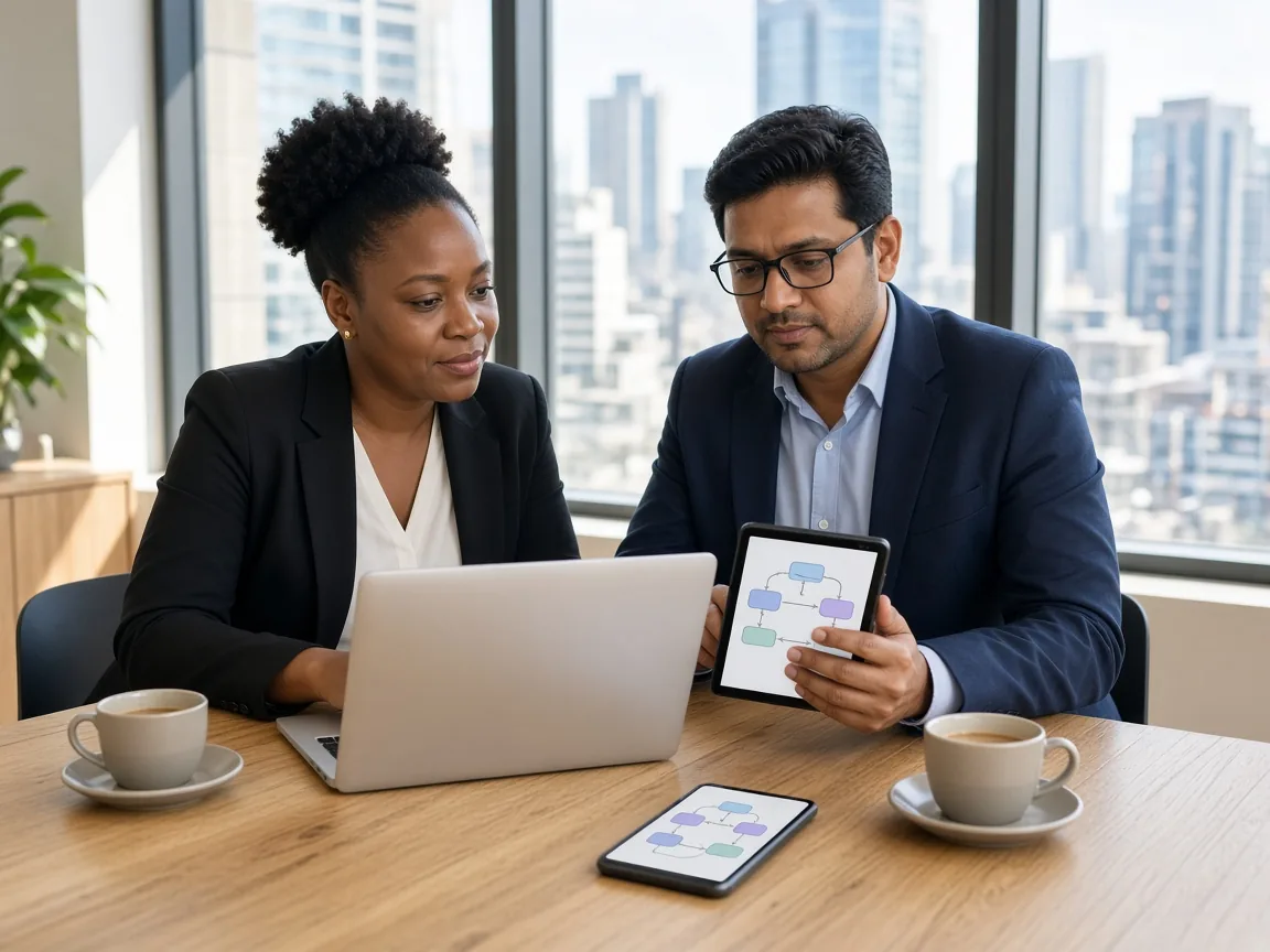 Two colleagues reviewing a payment flow on a tablet in a bright Sandton meeting room