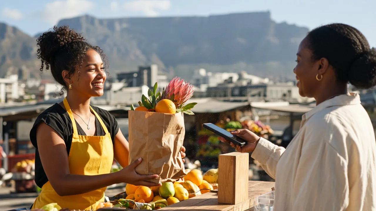 Cape Town market vendor handing citrus and a protea to a customer paying by phone in bright sunlight