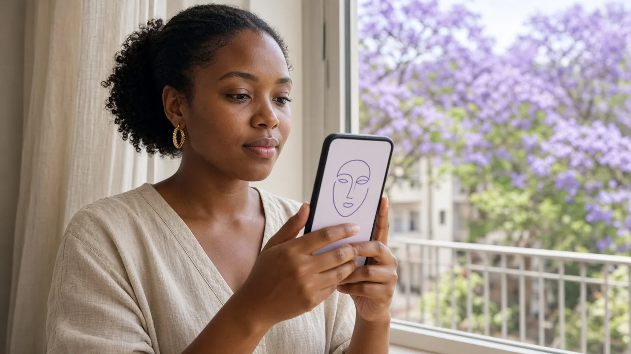 Woman completing a face check on her phone beside a window of jacarandas in a bright Pretoria apartment