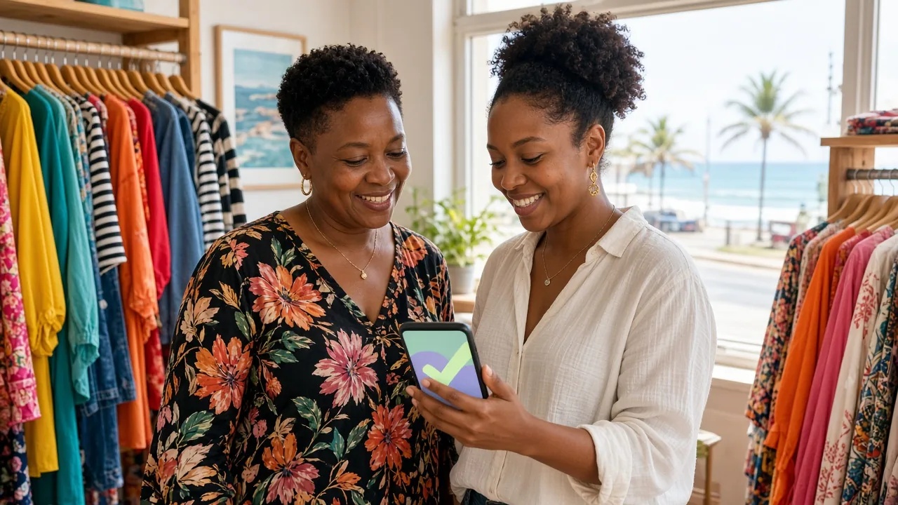 Shop owner and customer checking a digital wallet confirmation in a bright Durban clothing store