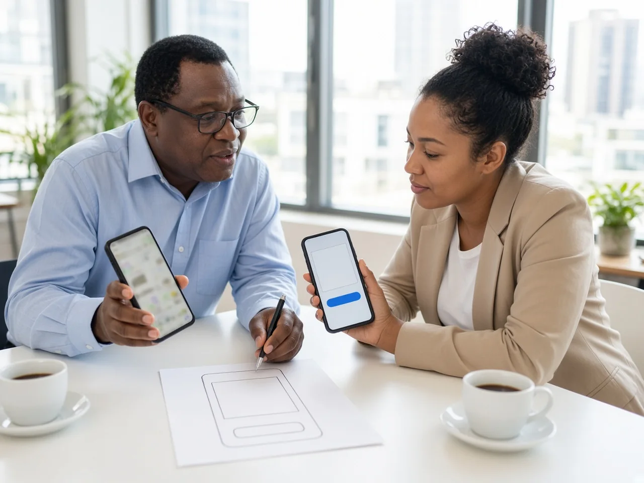 Business owner and consultant comparing a cluttered phone page with a clean mobile layout and a one-button sketch