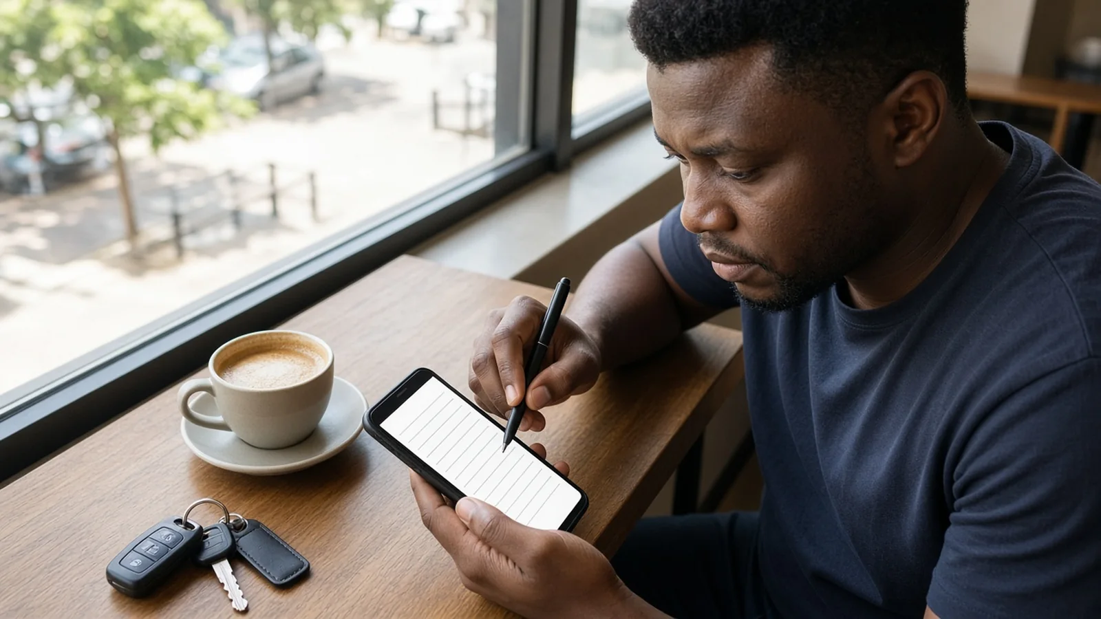 Johannesburg cafe visitor filling a long contact form on a phone beside coffee and car keys