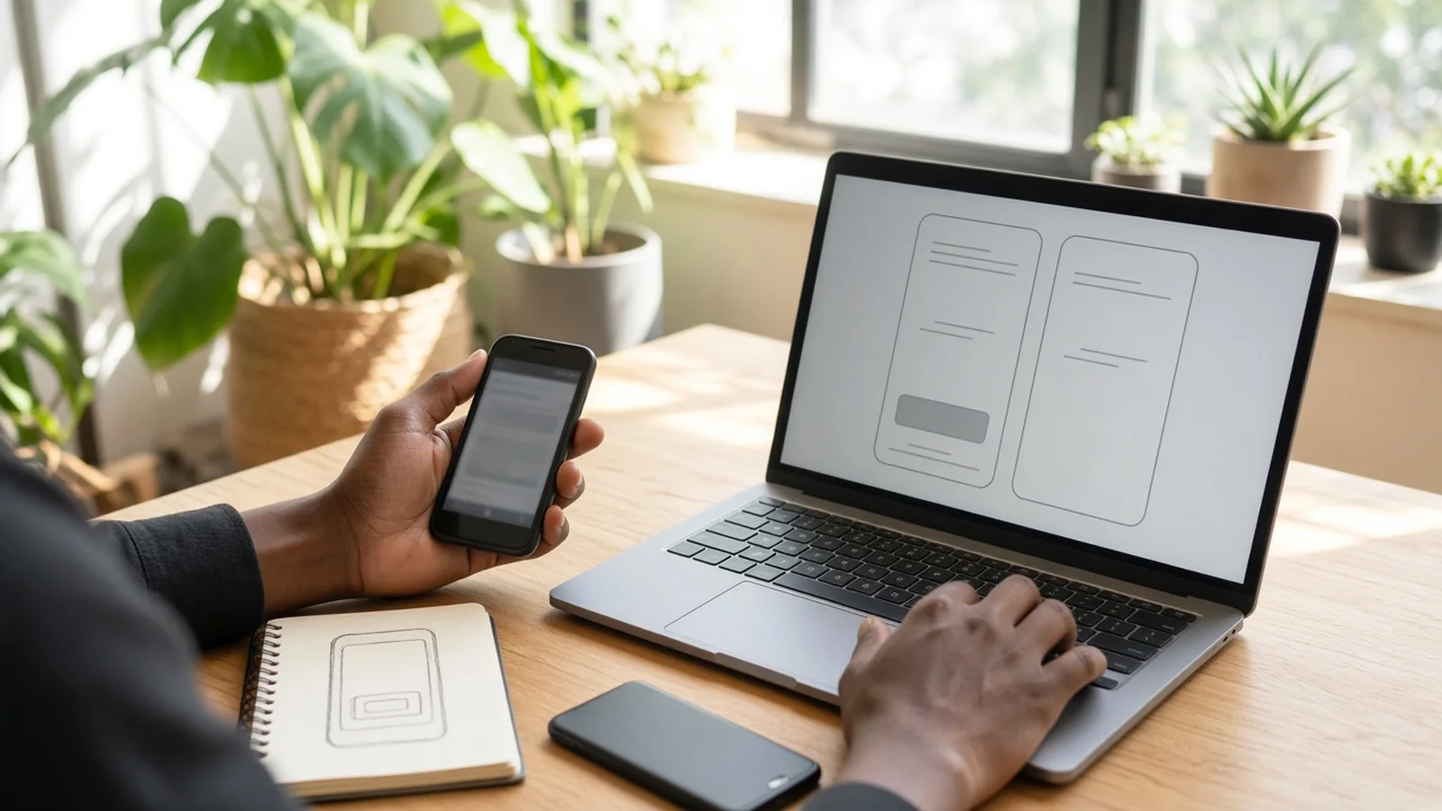 Designer comparing a live phone page with simple mobile wireframes on a laptop in a bright Pretoria coworking space