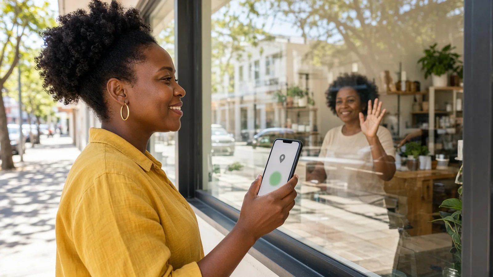 Customer outside a Rosebank shop smiling after finding the store on her phone while the owner waves from inside