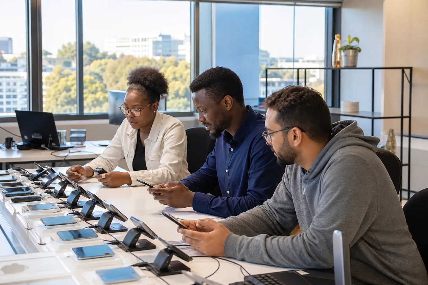 QA and developers testing a mobile app across multiple phones in a Pretoria lab