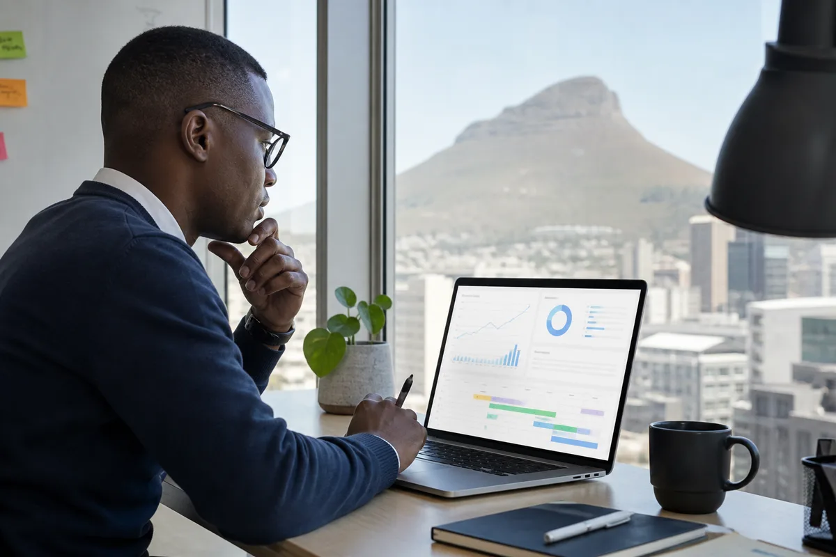 Product manager reviewing post-launch analytics and app update roadmap on a laptop in a Cape Town office