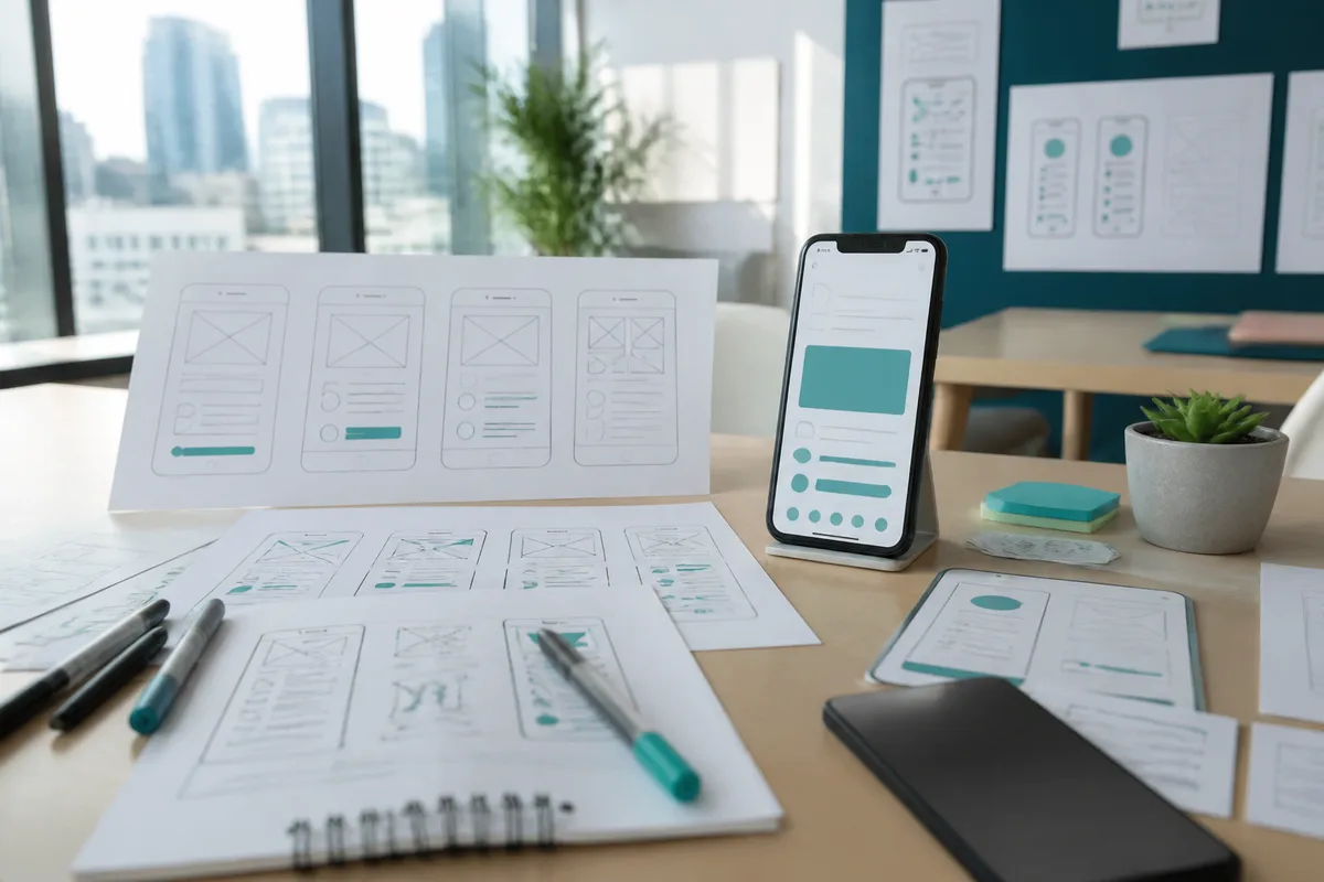 Mobile app wireframes and prototypes on a desk beside a phone mockup in a Sandton design studio
