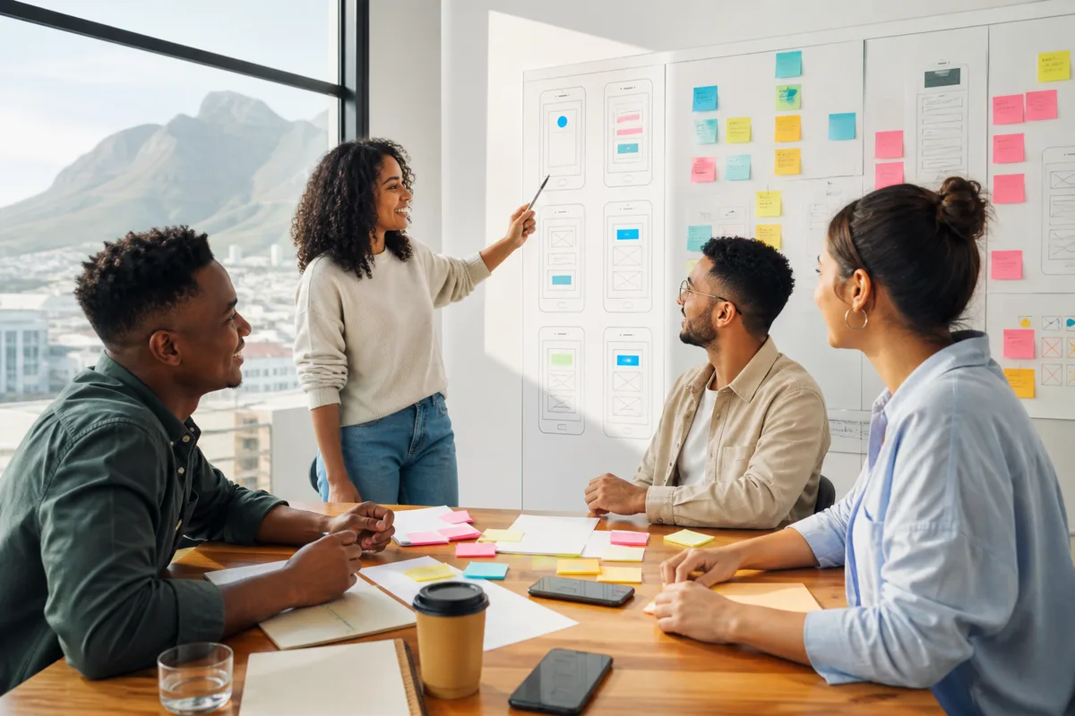 South African product team reviewing a mobile app roadmap and sprint board in a bright Cape Town studio