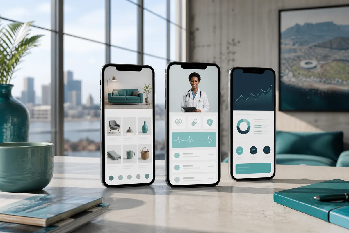 Smartphones showing ecommerce, healthcare, and fintech app screens on a desk in a Durban product loft