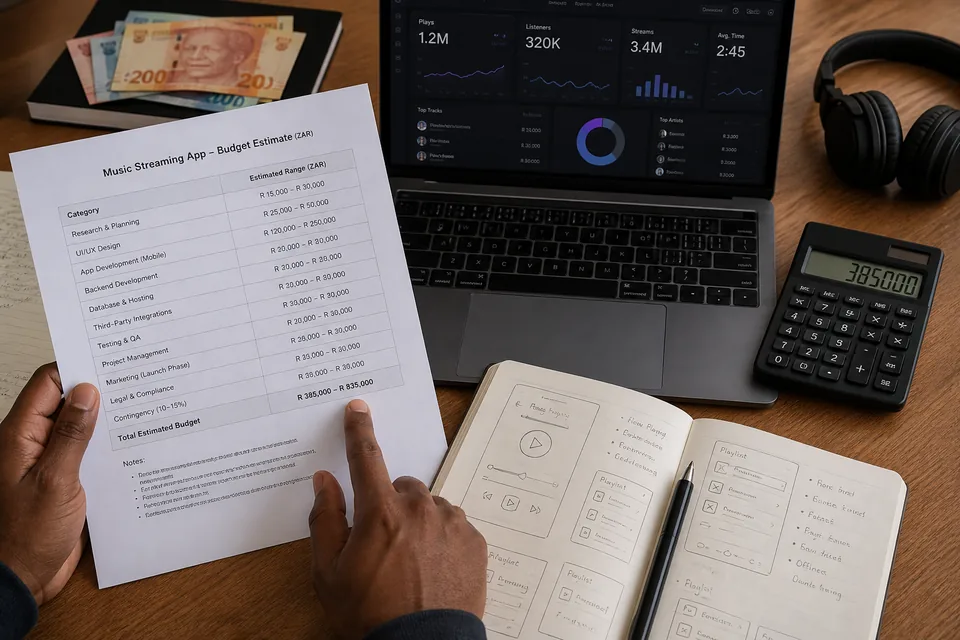 Project lead reviewing music streaming app development cost estimates and timelines in South African Rand