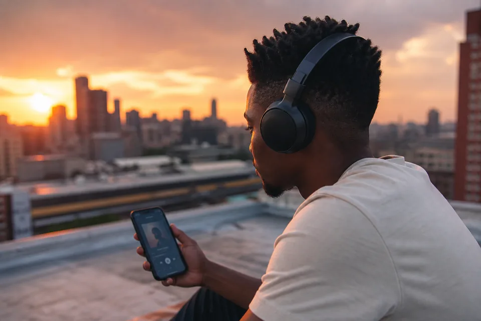 South African listener using a custom music streaming app with headphones on a Johannesburg rooftop