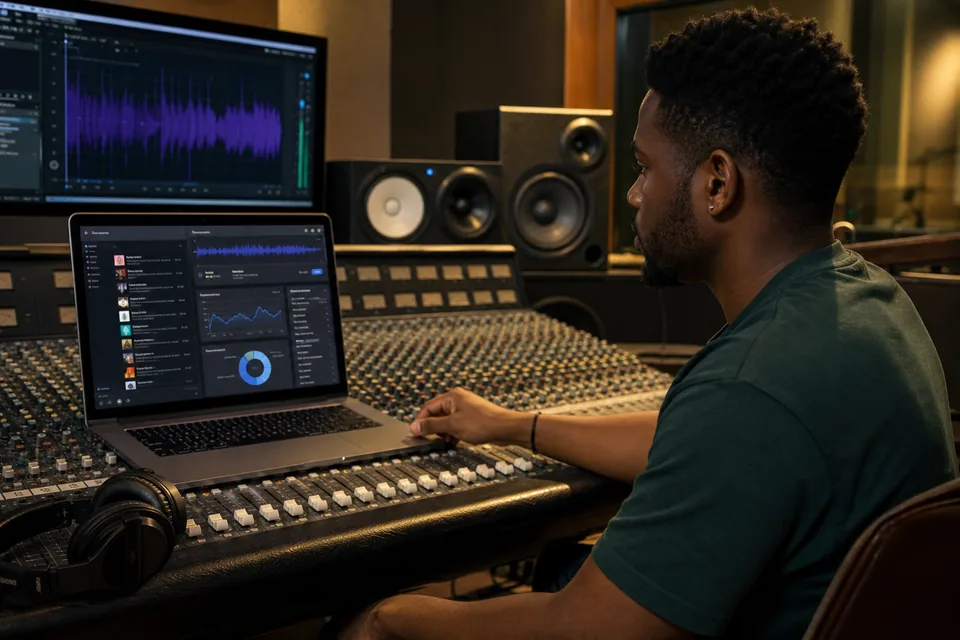 Audio engineer reviewing a music catalog dashboard, waveform, and subscription analytics in a Sandton studio