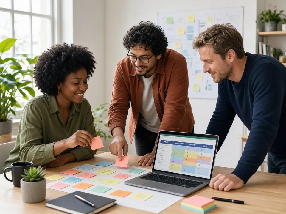 Product team mapping on-demand delivery app features and ZAR cost estimates in a bright Cape Town studio