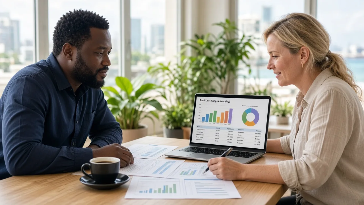 Founder and consultant reviewing an on-demand delivery app development budget in South African Rand