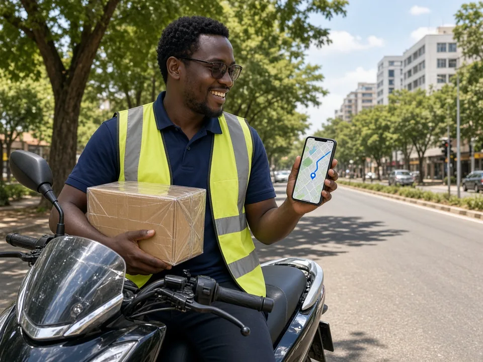 Courier checking a GPS route on a smartphone before delivering a package on a sunny Pretoria street