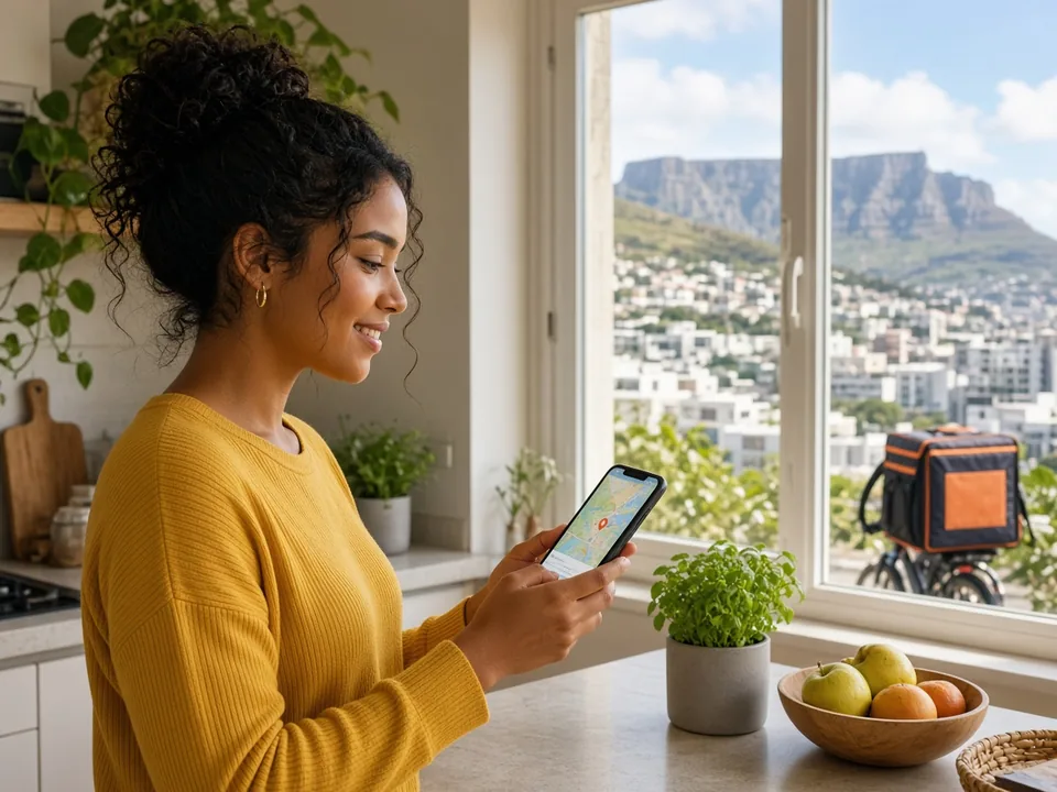 Cape Town customer tracking a live on-demand delivery on a smartphone in a bright kitchen