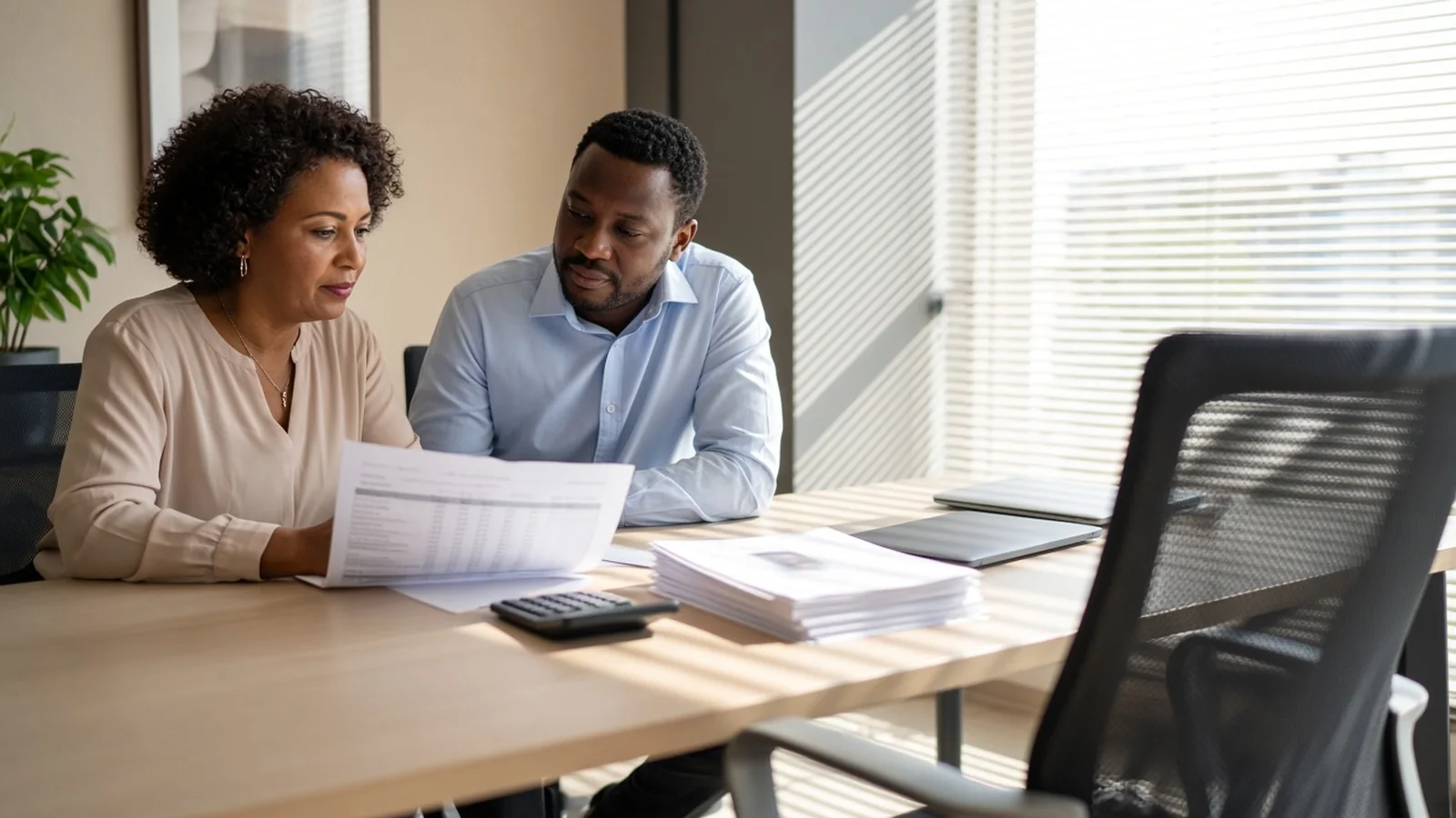 Johannesburg HR and finance leads reviewing hiring costs beside an empty chair for an unfilled developer role