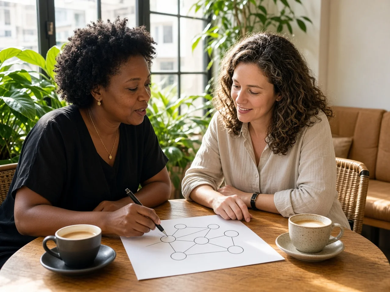 South African founder and consultant sketching a hybrid team diagram over coffee in a bright meeting nook