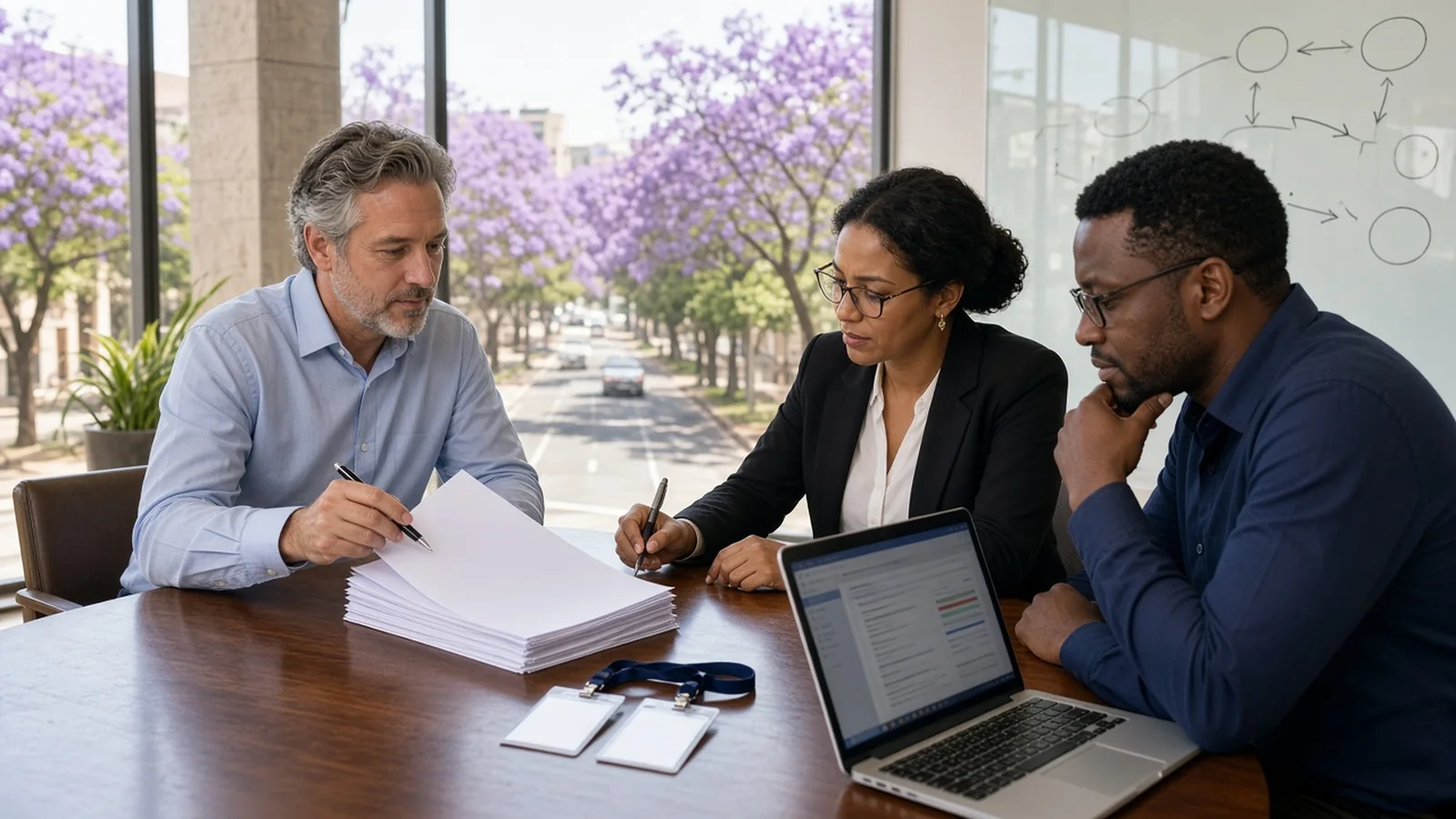 Pretoria team reviewing a vendor contract, access badges, and a laptop security checklist with jacarandas outside