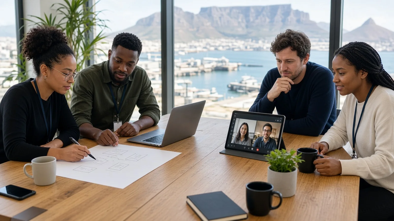 Cape Town product team sketching a workflow while joining remote developers on a tablet, with the harbour and mountains behind them