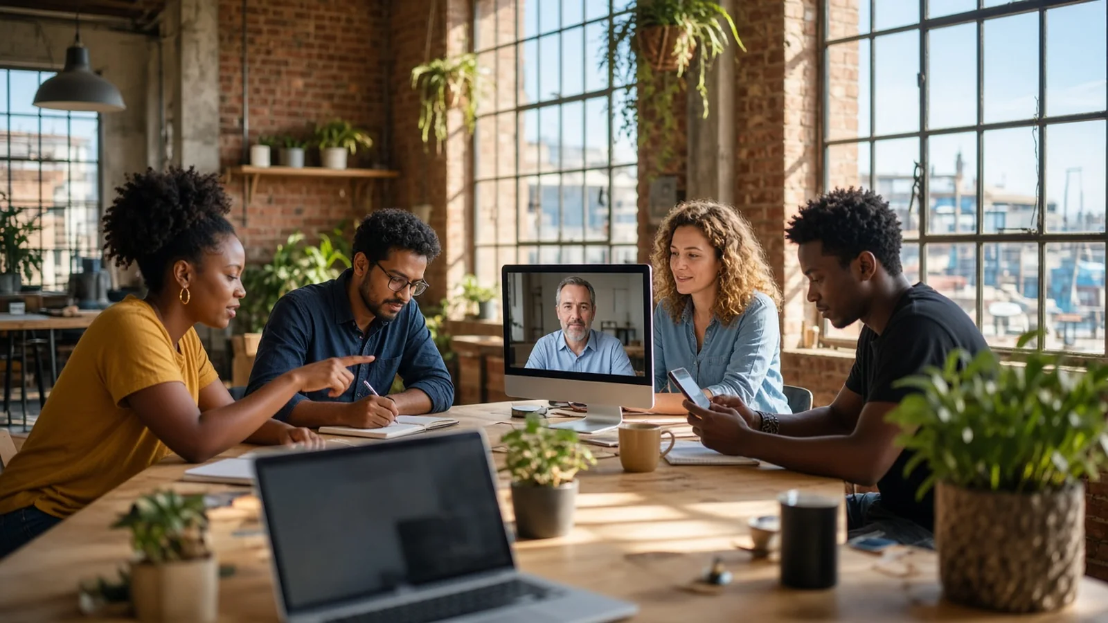 External software team in a bright Durban studio reviewing a product with a client on a video call