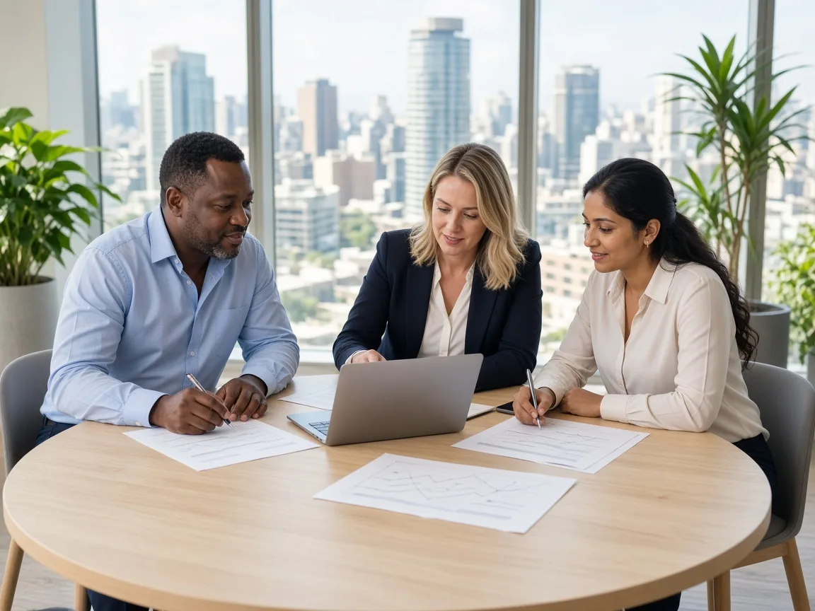 Business owner, privacy lawyer, and developer reviewing app documents together in a bright Sandton meeting room