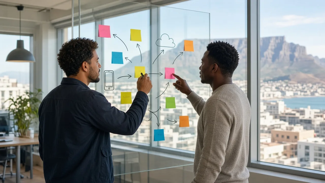 Two developers in a bright Cape Town office mapping an app data flow with sticky notes on a glass wall, Table Mountain behind them