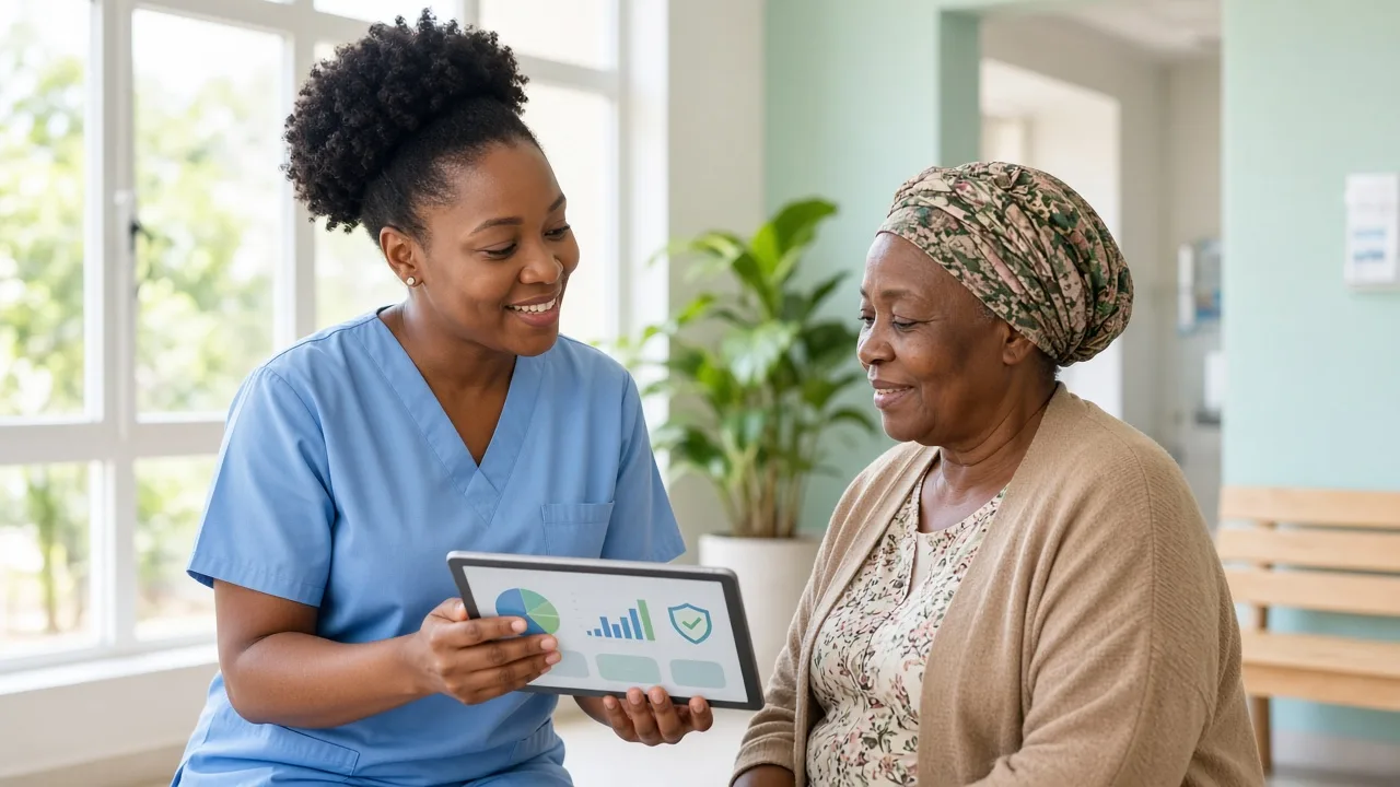 Nurse in a sunlit South African clinic showing an older patient a health app on a tablet