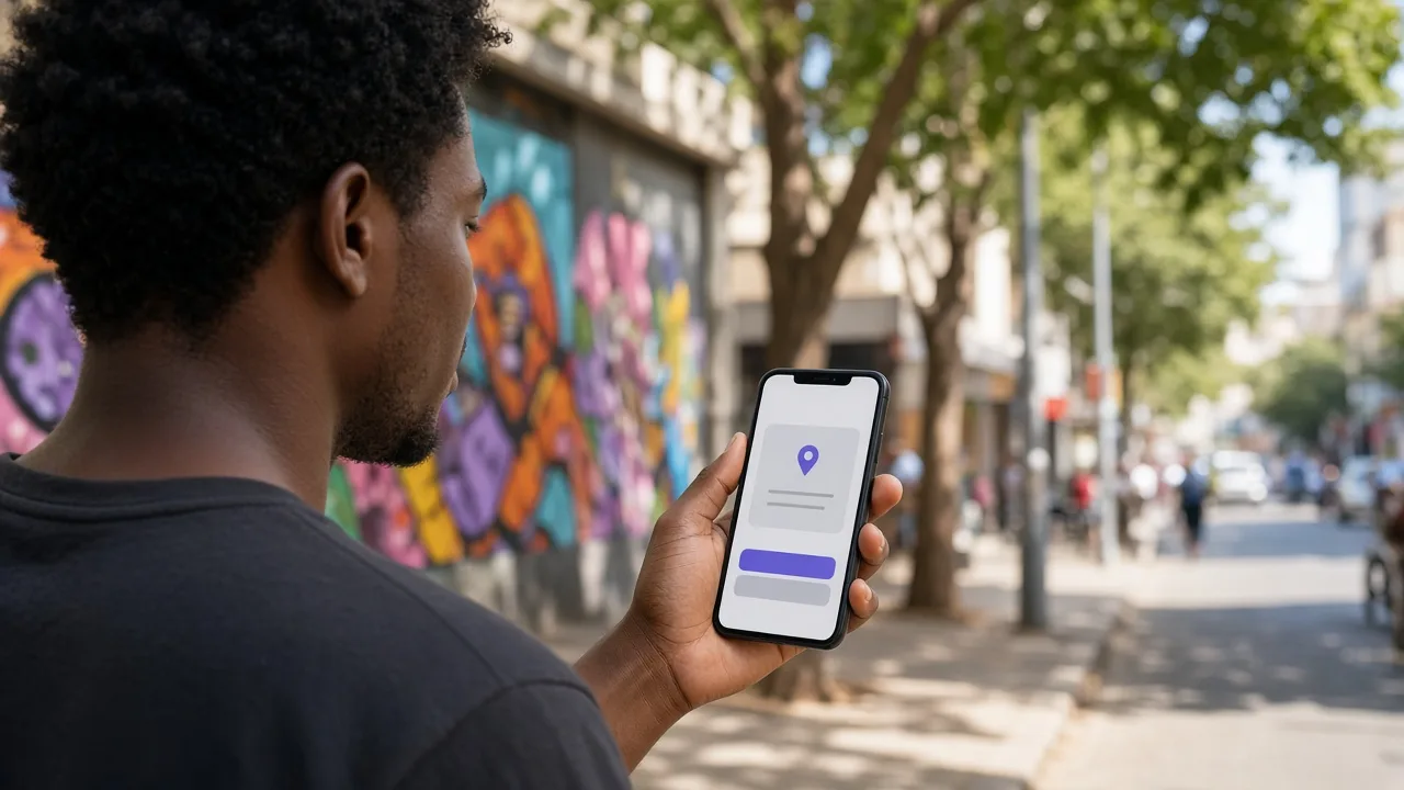 Young man on a sunny Braamfontein street looking at a location permission prompt on his phone