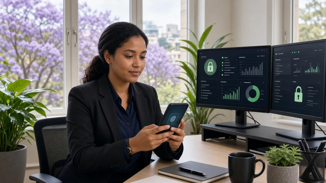 Security engineer in a bright Pretoria office approving a fingerprint sign-in on her phone beside monitoring dashboards