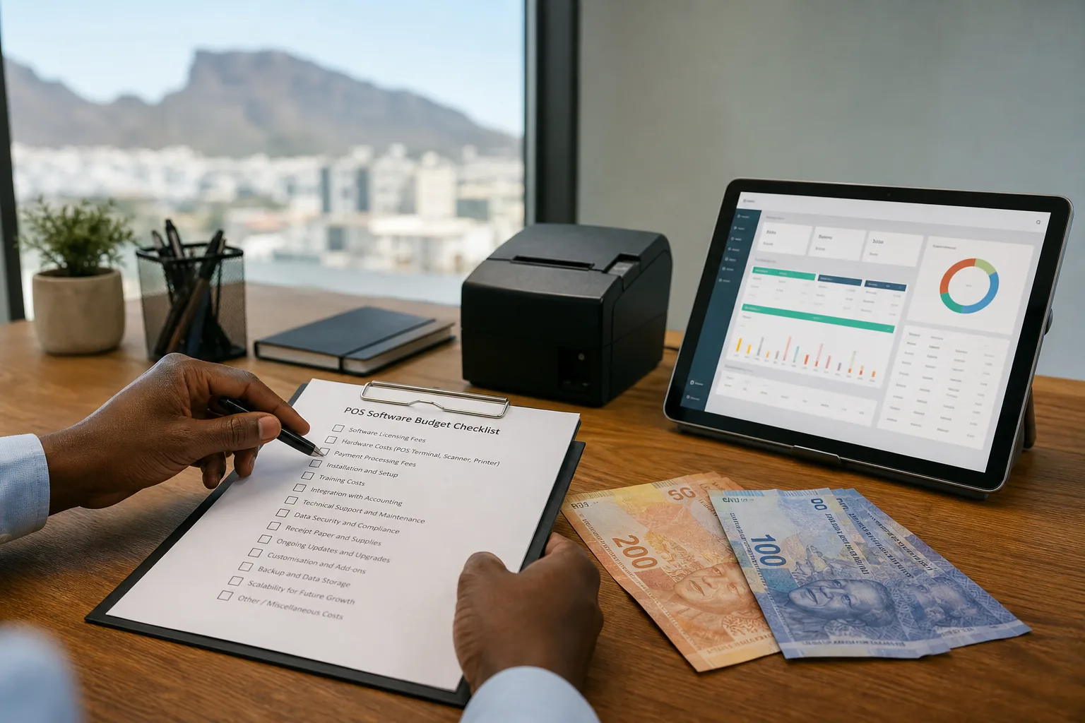 Hands reviewing a POS software budget checklist beside a tablet dashboard, receipt printer, and South African Rand notes