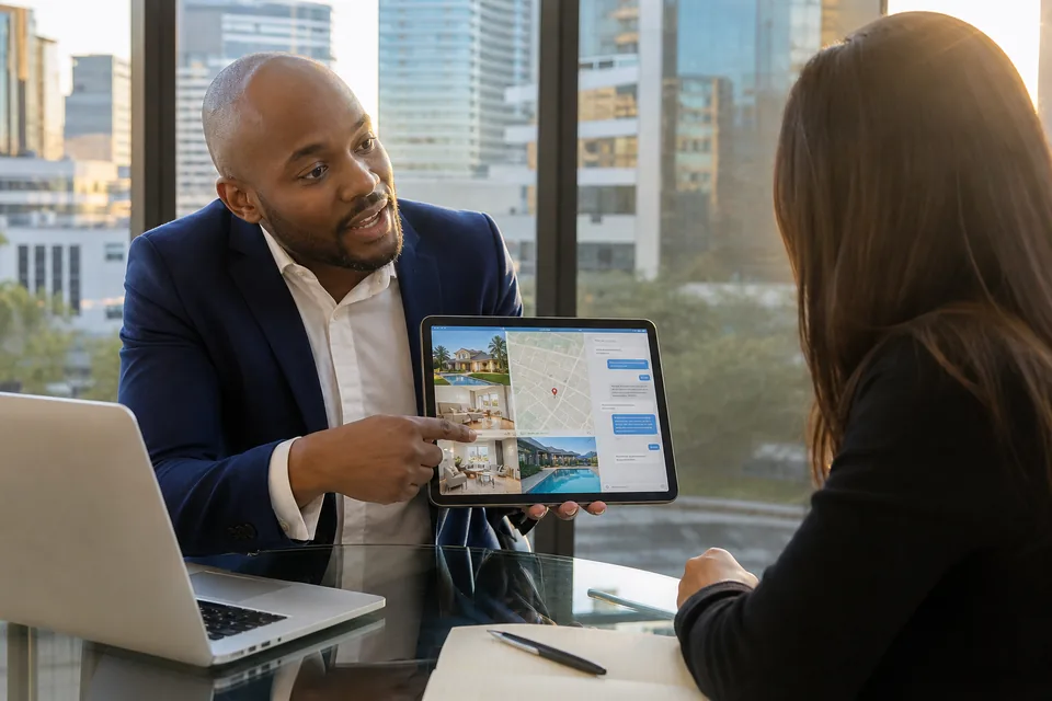 Estate agent showing property photos, neighbourhood maps, and enquiry chat on a tablet