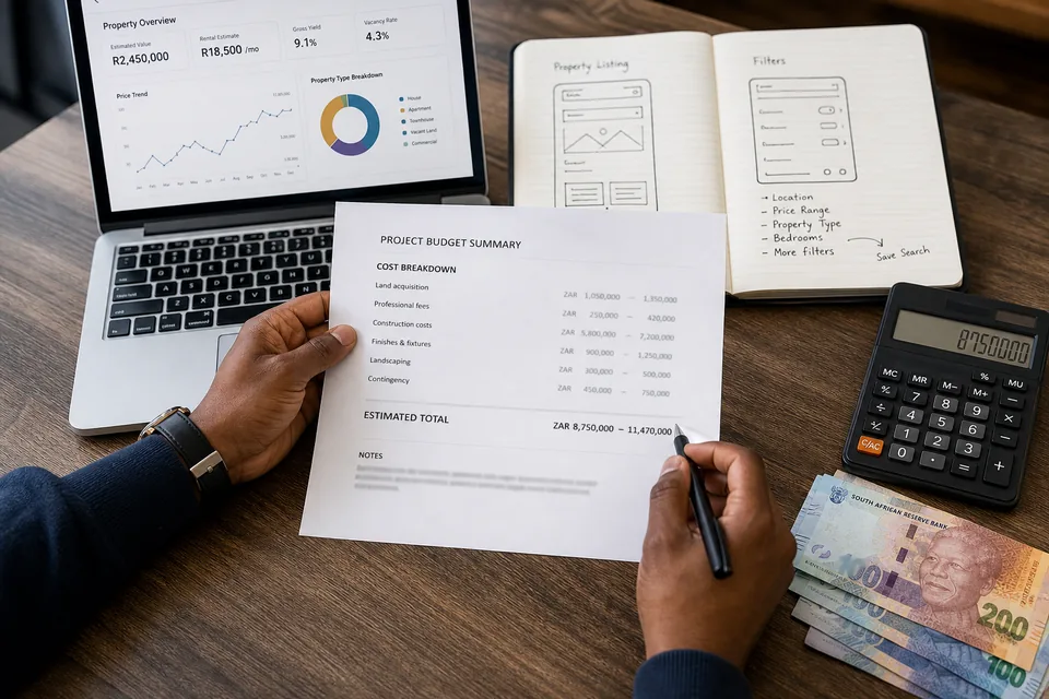 Project lead reviewing real estate app development cost estimates and timelines in South African Rand