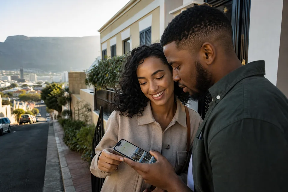 South African couple reviewing a property listing app outside a Cape Town townhouse